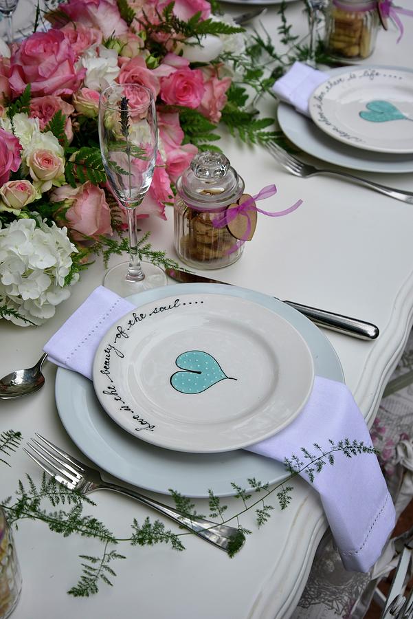Place Settings With Painted Hearts On A Festively Laid Table #1 Photograph by Great Stock!