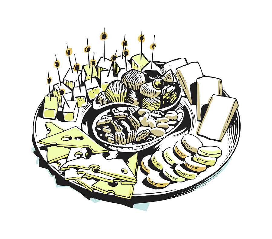 Cheese Drawing - Plate of Party Snack Foods #1 by CSA Images