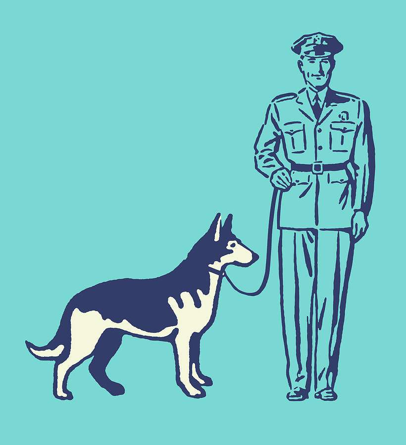 Vintage Drawing - Policeman with German Shepherd on Leash #1 by CSA Images