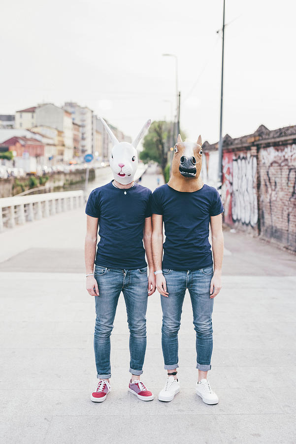 Surrealism Digital Art - Portrait Of Two Men Wearing Rabbit And Horse Masks On Urban Bridge #1 by Eugenio Marongiu