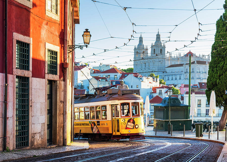 Portugal, Distrito De Lisboa, Lisbon, Tagus, Tejo, Alfama, Alfama Old Town, Tram No 28 At Largo Das Portas Do Sol #1 Digital Art by Luigi Vaccarella