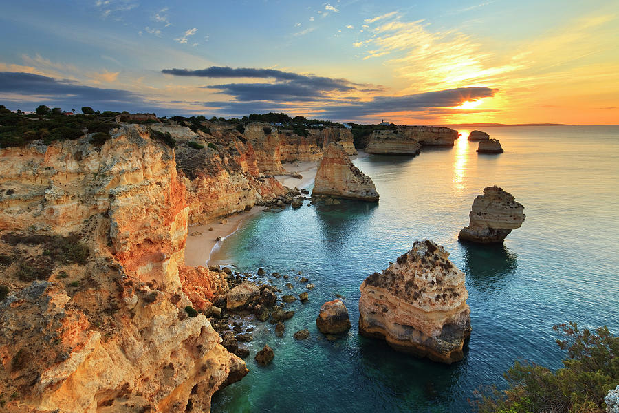 Portugal, Faro, Lagoa, Atlantic Ocean, Algarve, Praia Da Marinha, Sunrise #1 Digital Art by Luigi Vaccarella