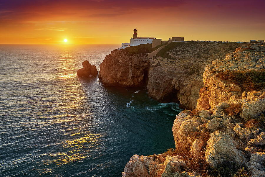 Portugal, Faro, Sagres, Lighthouse At Cape St. Vincent, Cabo De Sao Vicente, Sagres, Algarve #1 Digital Art by Jan Wlodarczyk