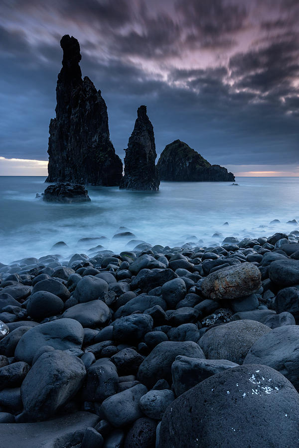 Portugal, Madeira, Madeira Island, Porto Moniz, Atlantic Ocean, Rock Formation Three Sisters Near Ribeira Da Janela #1 Digital Art by Roland Gerth