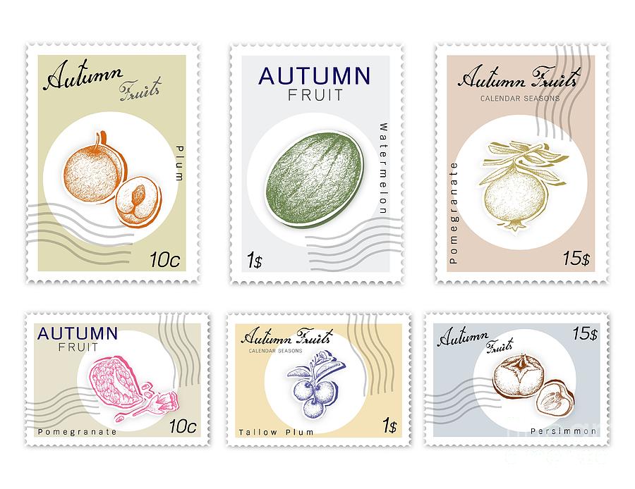 Post Stamps Set of Autumn Fruits with Paper Cut Art Drawing by Iam Nee -  Pixels