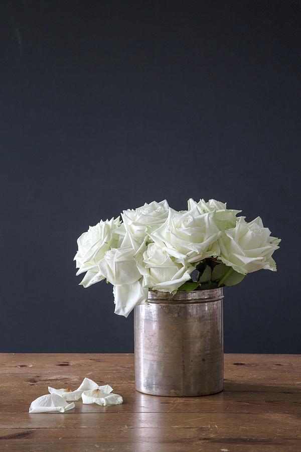 Posy Of White Roses In Old Silver Pot #1 Photograph by Catja Vedder