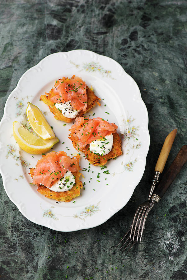 Potato Fritters With Crme Frache And Salmon #1 Photograph by Ewgenija Schall