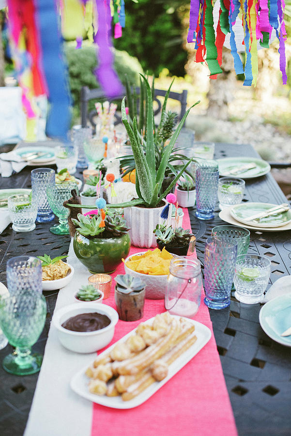 Potted Succulents On Table Set In Bright Colours For Mexican Party #1 Photograph by Katja Heil