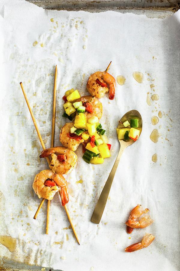 Prawn Kebabs With Pineapple And Chilli Salsa #1 Photograph by The Food Union