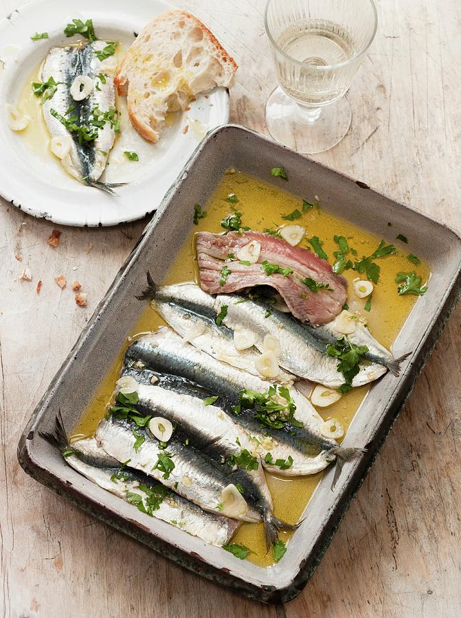 Preserved Sardines With Olive Oil, Garlic And Herbs #1 Photograph by Lingwood, William
