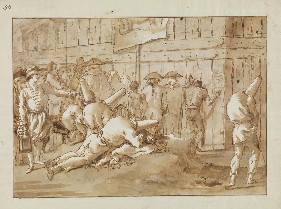 Sketch Drawing - Punchinellos Outside A Circus by Giovanni Domenico Tiepolo