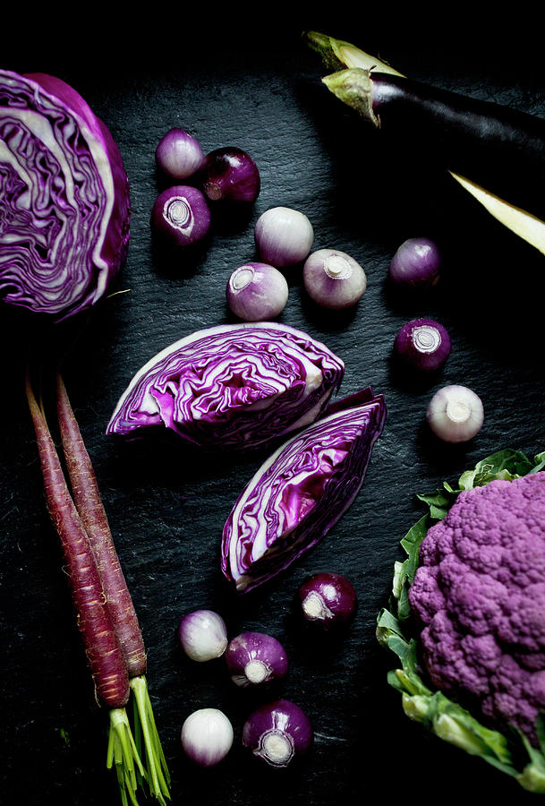 Purple Cauliflower, Purple Cabbage, Purple Carrots, Purple And White Pearl Onions And Eggplant #1 Photograph by Ryla Campbell