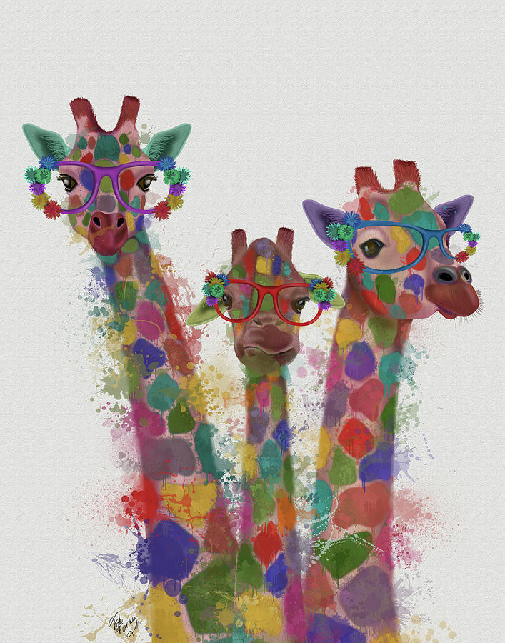 Steampunk Painting - Rainbow Splash Giraffe Trio #1 by Fab Funky