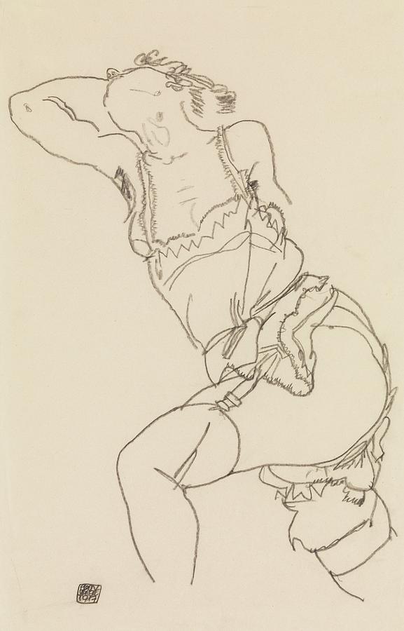 Sketch Drawing - Reclining Model In Chemise And Stockings by Egon Schiele