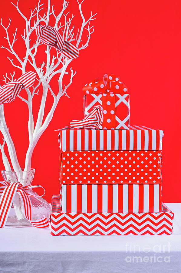 Red and White Christmas Gifts #1 Photograph by Milleflore Images