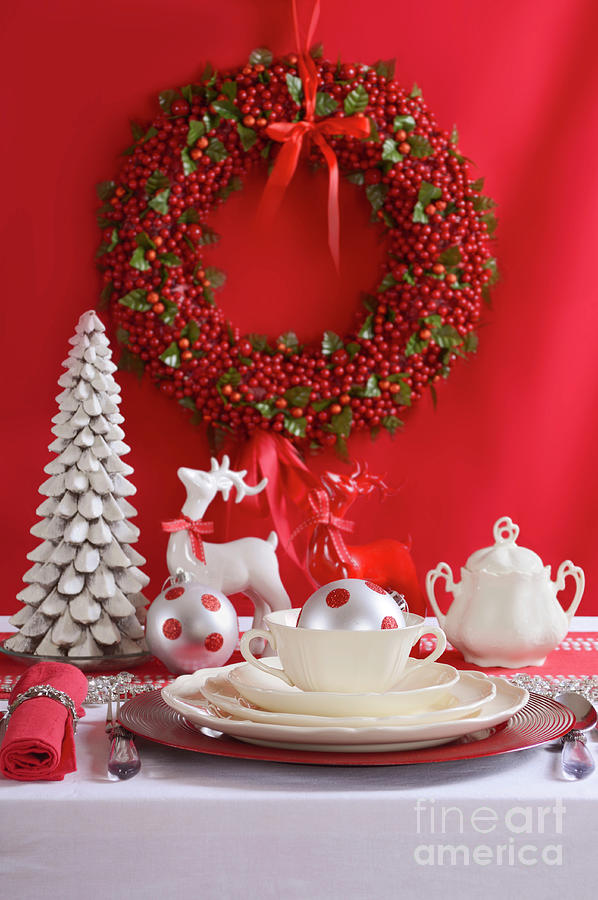 Red and White Christmas Table Setting.  #1 Photograph by Milleflore Images