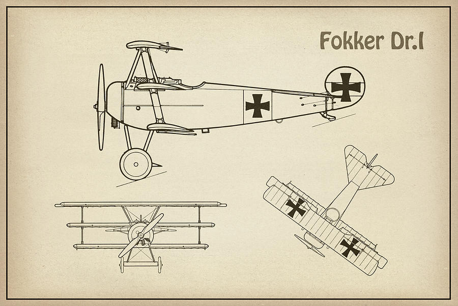 Transportation Drawing - Red Baron Fokker Dr.1 - Airplane Blueprint. Drawing Plans for the WWI Fokker Dr1 #1 by SP JE Art