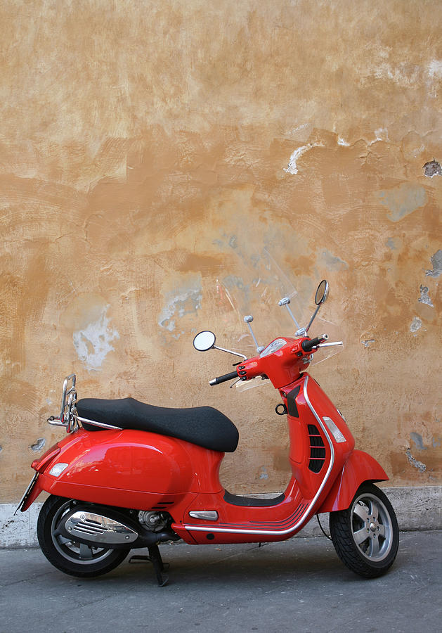 Red Scooter And Roman Wall, Rome Italy #1 Photograph by Romaoslo