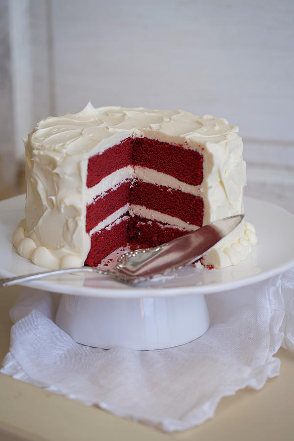 Red Velvet Cake On A Cake Stand, Sliced #1 Photograph by Eising Studio