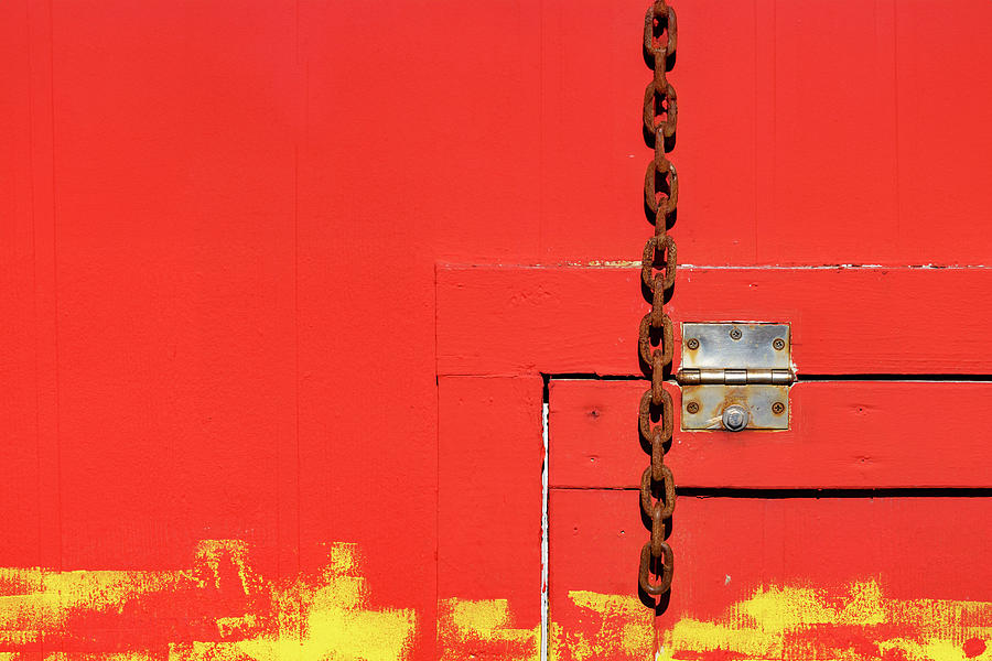 Red Wooden Structure With Door Hinge And Chain #1 Digital Art by Laura Diez