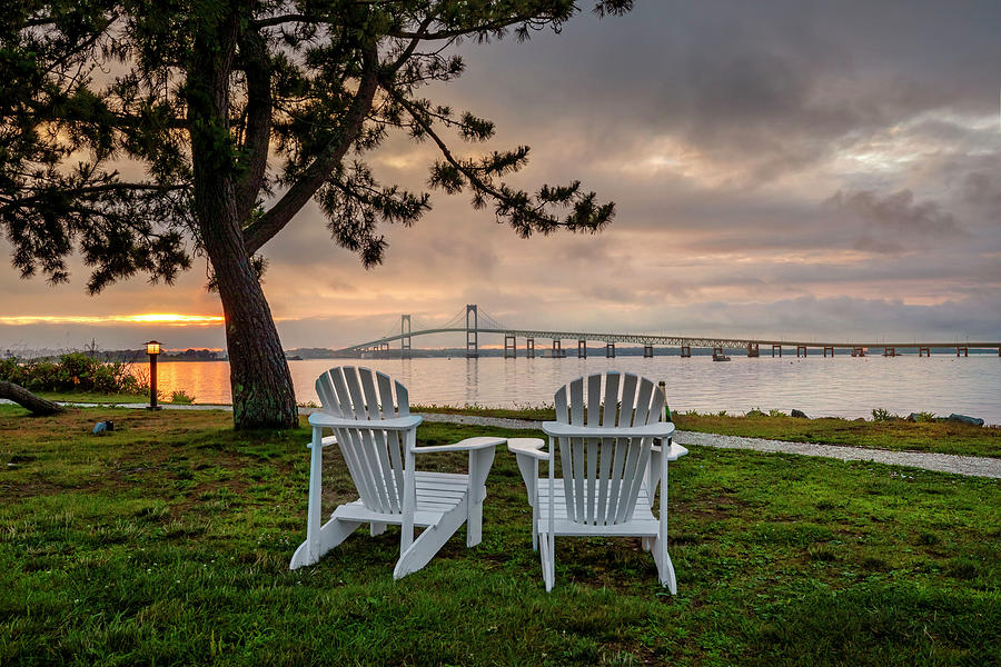 Rhode Island, Newport, Adirondack Chairs Facing Claiborne Pell Bridge Over Narragansett Bay #1 Digital Art by Lumiere
