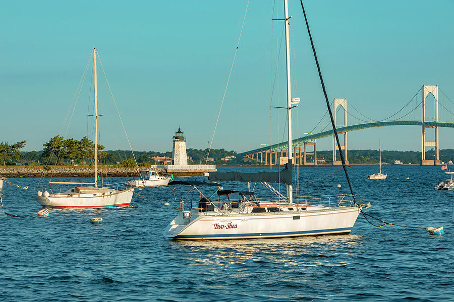 Rhode Island, Newport, Newport Harbor Lighthouse, And Claiborne Pell Bridge #1 Digital Art by Lumiere
