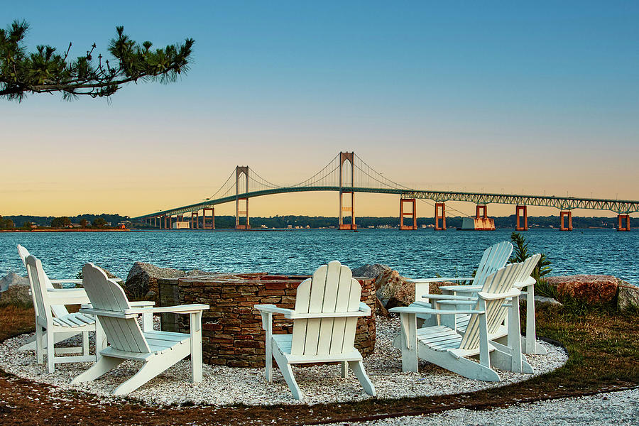 Rhode Island, Newport, View Of Adirondack Chairs With Claiborne Pell Bridge #1 Digital Art by Lumiere