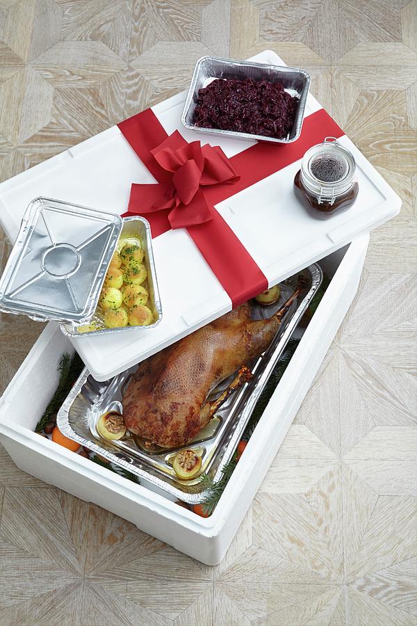 Roast Christmas Goose With Sides As A Takeaway Photograph by Jalag ...