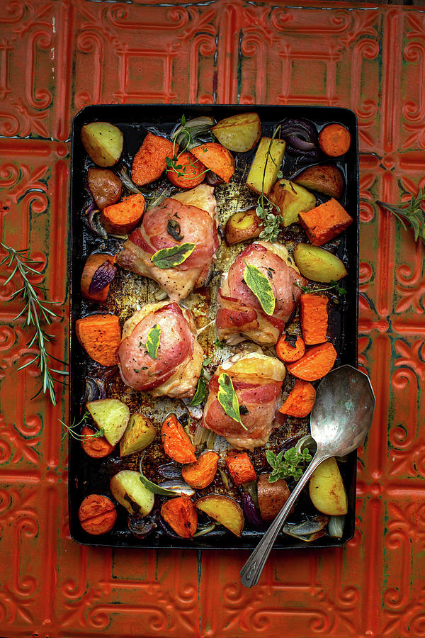 Roasted Bacon Chicken With Sweet Potatoes #1 Photograph by Lara Jane Thorpe