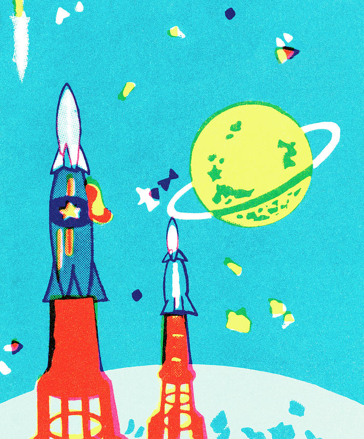 Science Fiction Drawing - Rockets and planet #1 by CSA Images