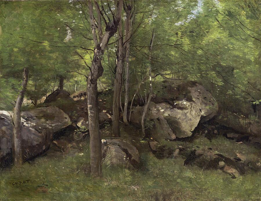Tree Painting - Rocks In The Forest Of Fontainebleau by Jean-baptiste-camille Corot