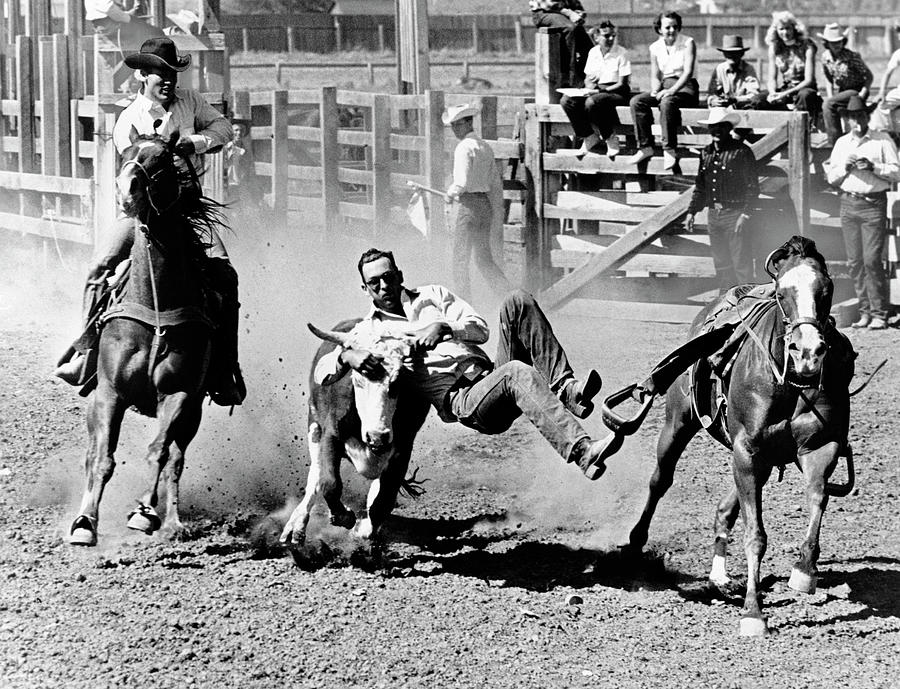 Rodeo Cowboy Bulldogging Photograph by Underwood Archives