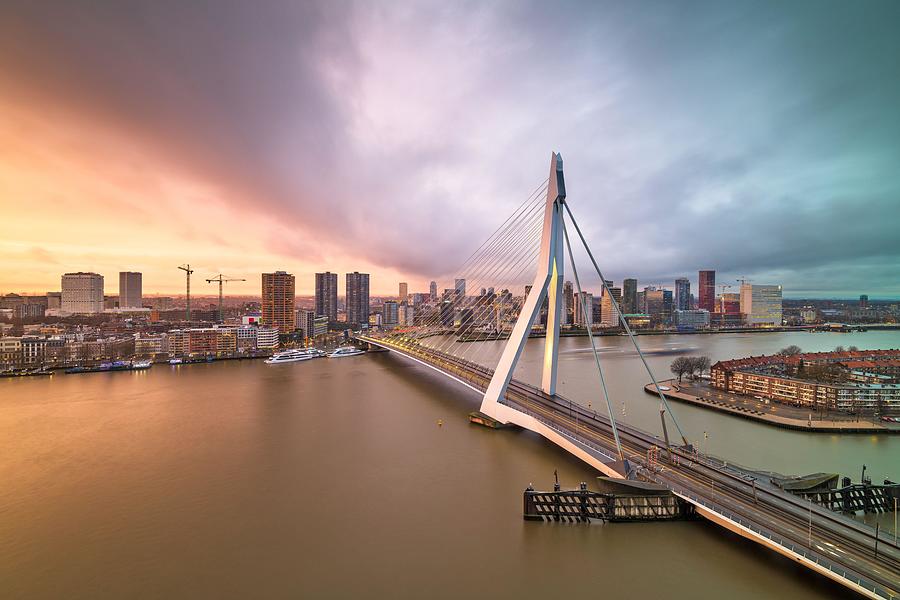 Sunset Photograph - Rotterdam, Netherlands, City Skyline #1 by Sean Pavone