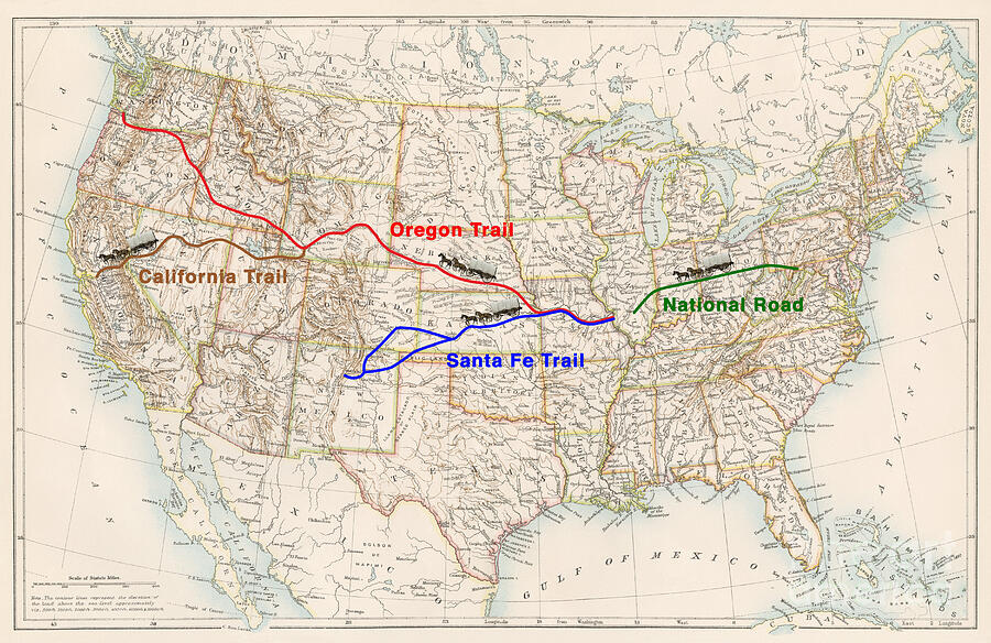 Routes Of The Great Westward Trails On An 1870s Map Of The Us Drawing ...