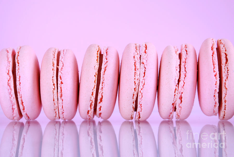 Cookie Photograph - Row of pink macaron cookies  #1 by Milleflore Images