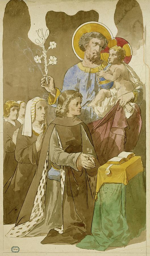 Saint-joseph Et L?enfant Jesus Parmi Une Famille En Priere Painting by ...