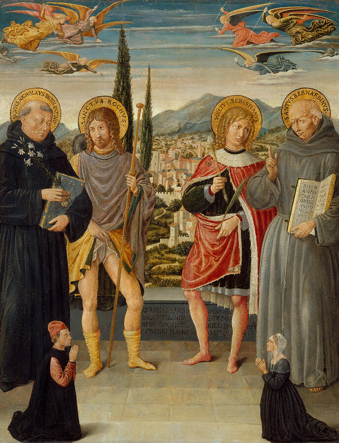 Saints Nicholas of Tolentino, Roch, Sebastian, and Bernardino of Siena, with Kneeling Donors #1 Painting by Benozzo Gozzoli