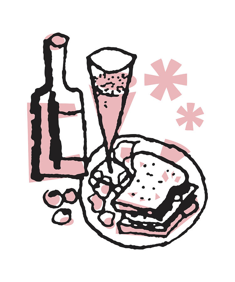 Beer Drawing - Sandwich on a Plate with Champagne Bottle and Flute #1 by CSA Images