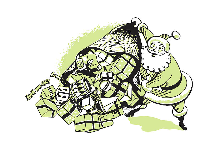 Christmas Drawing - Santa Claus with a Large Open Bag of Gifts #1 by CSA Images