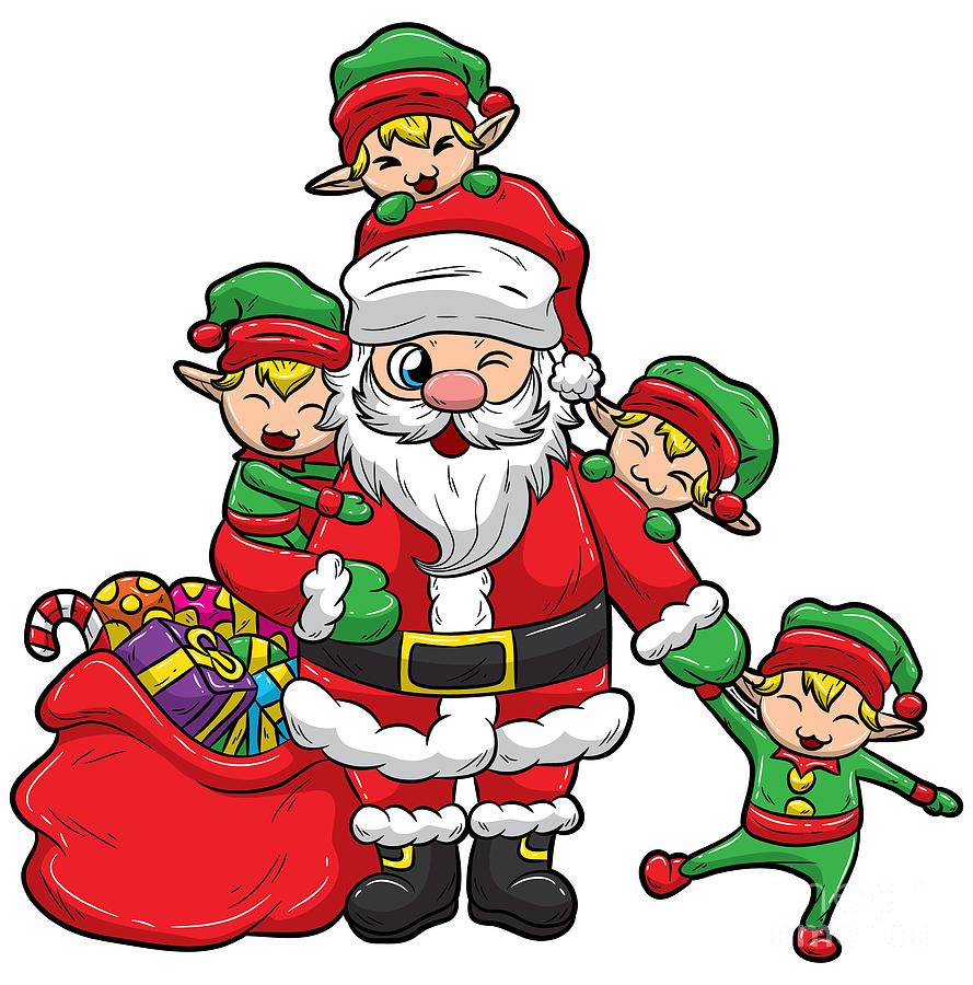 Santa Claus With Elves Christmas Illustration Digital Art By