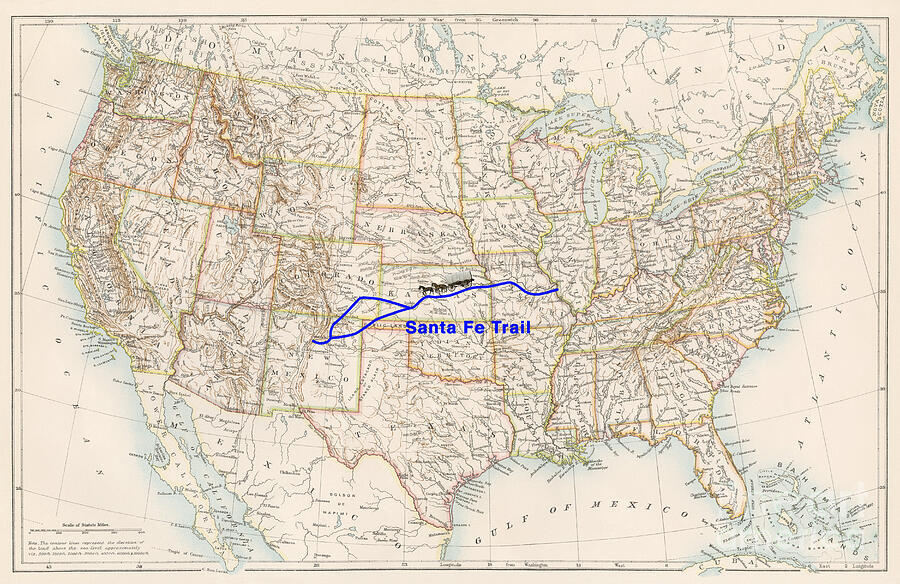 Santa Fe Trail Route On An 1870s Map Of The Us Drawing by American School