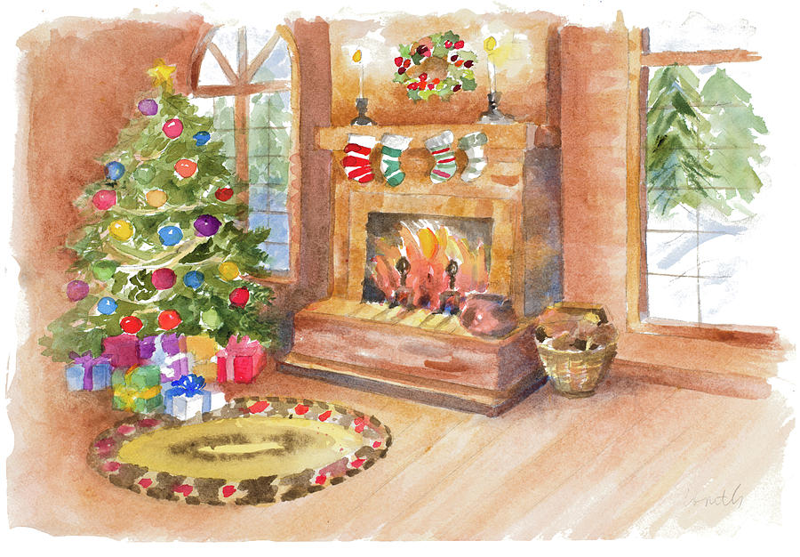 Christmas Painting - Santas Fireplace And Tree Scene #1 by Lanie Loreth
