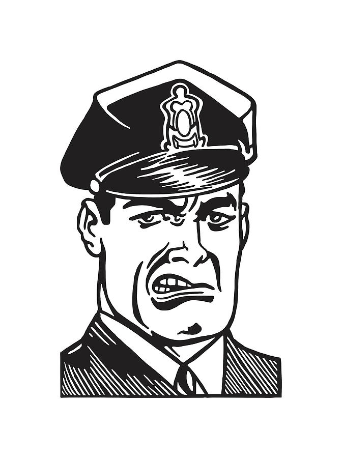 Black And White Drawing - Scowling Police Officer #1 by CSA Images