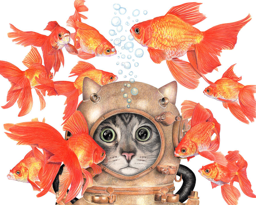Goldfish Drawing - Scuba Cat #1 by Wendy Berry