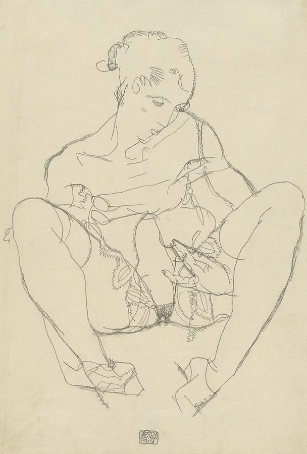 Pen Drawing - Seated Woman In Chemise by Egon Schiele