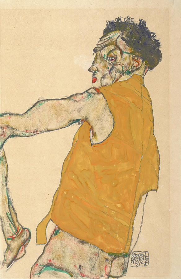Egon Schiele Painting - Self-Portrait in Yellow Vest #1 by Egon Schiele