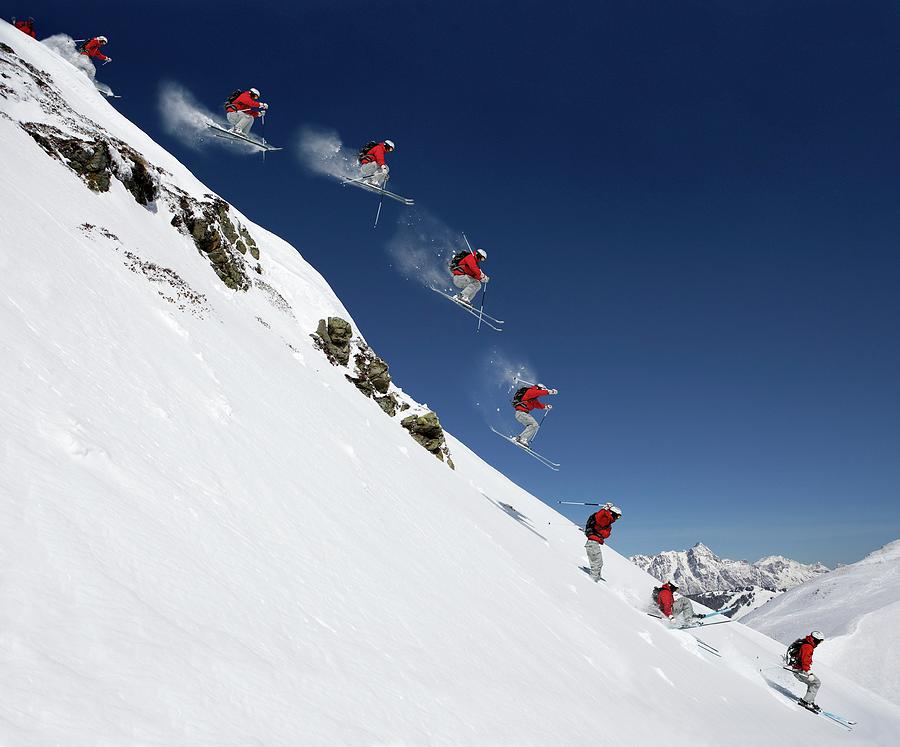 Sequence Of Male Skier Jumping Down #1 Photograph by Adie Bush