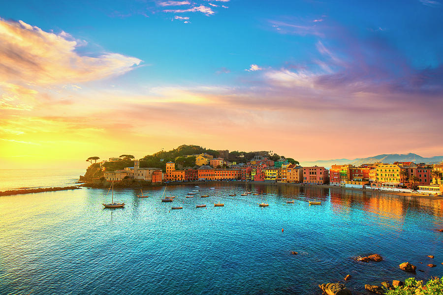 Sestri Levante, silence bay sea harbor and beach view on sunset. Photograph by Stefano Orazzini