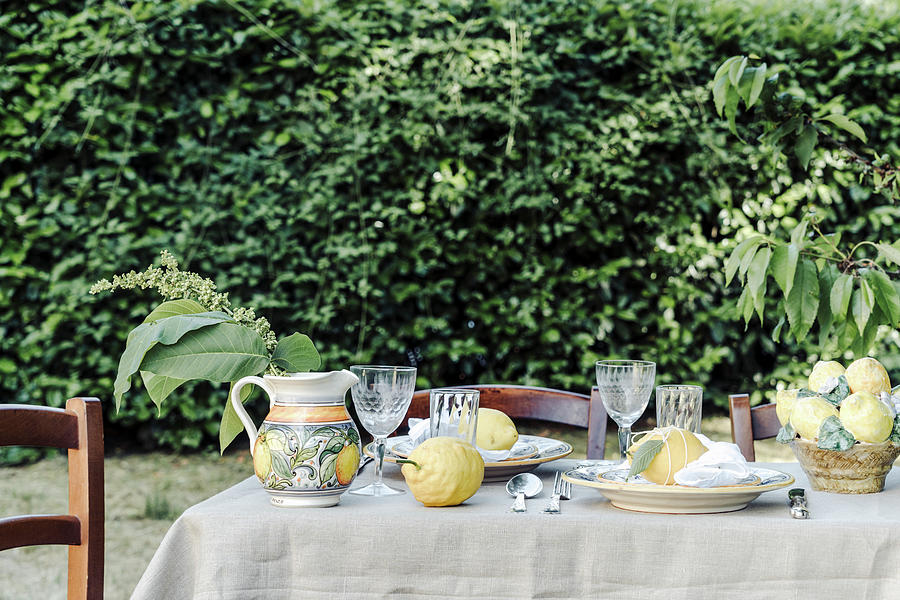 Set Table Decorated With Lemons, In The Garden #1 Photograph by Giulia Maretti