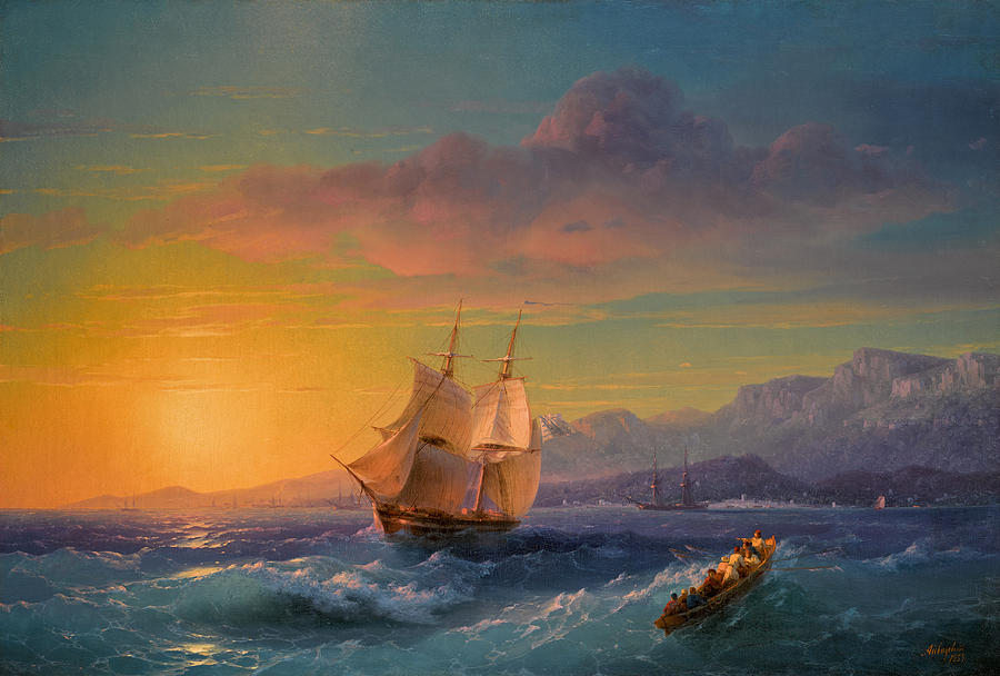 Ship at Sunset off Cap Martin #2 Painting by Ivan Konstantinovich Aivazovsky